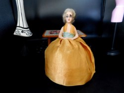 8" French Boudoir Composition Half Doll on Pink Base, Orange Silk Dress